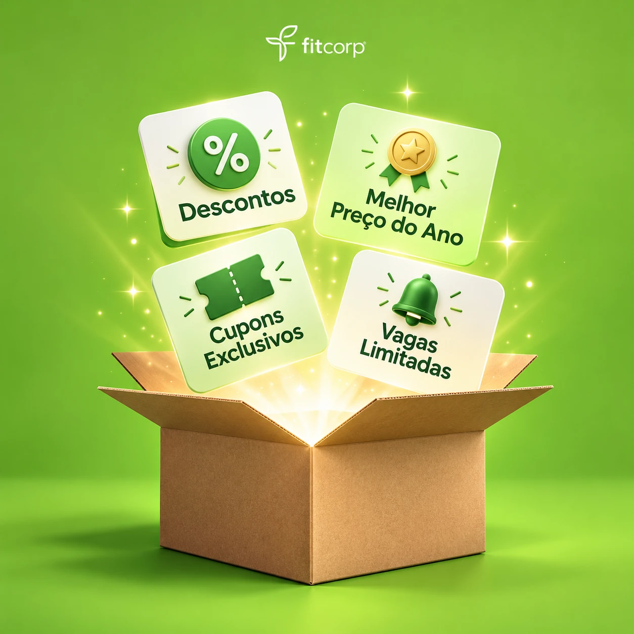 Caixa aberta com os cards Descontos, Melhor Preço do Ano, Cupons Exclusivos e Vagas Limitadas